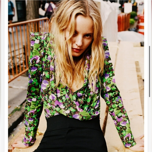 Zara Tops - Zara Purple Black Green Floral, Padded Shoulder Deep Neckline Faux Wrap Bodysuit